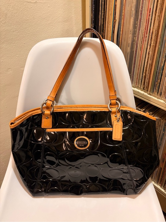 Coach Handbags - Coach Black Patent Leather Tote with Tan Trim